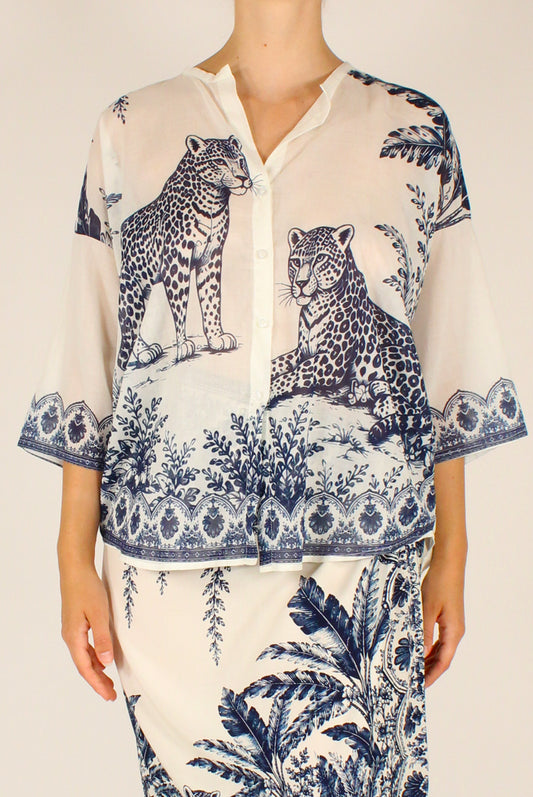 Over-size Jungle Print Shirt in White and Blue