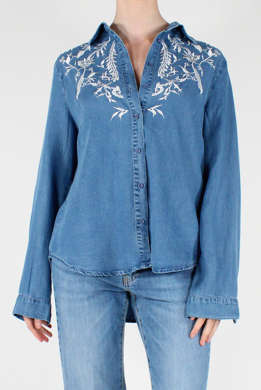 Shaped Denim Shirt with Contrast Embroidery