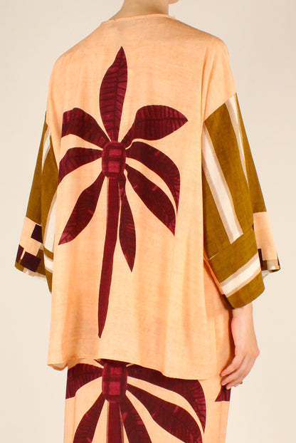 Camicia Kimono Stampa Palme Sfondo Rosa