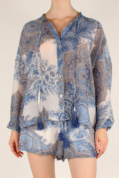 Camicia in Mussola Lyocell Stampa Fantasia Blu