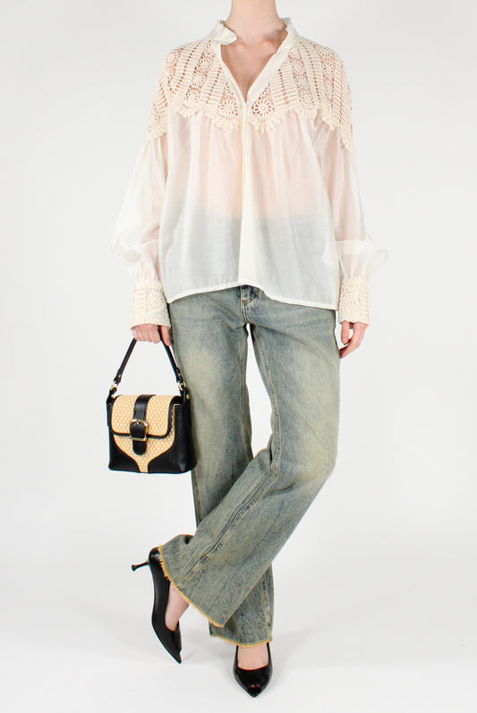 Oversized Muslin Shirt with Lace on the Shoulders