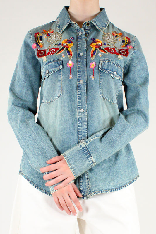 Camicia Denim con Ricami e Paillettes