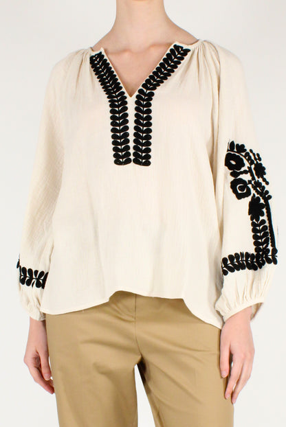 Blusa con Ricami Floreali a Contrasto