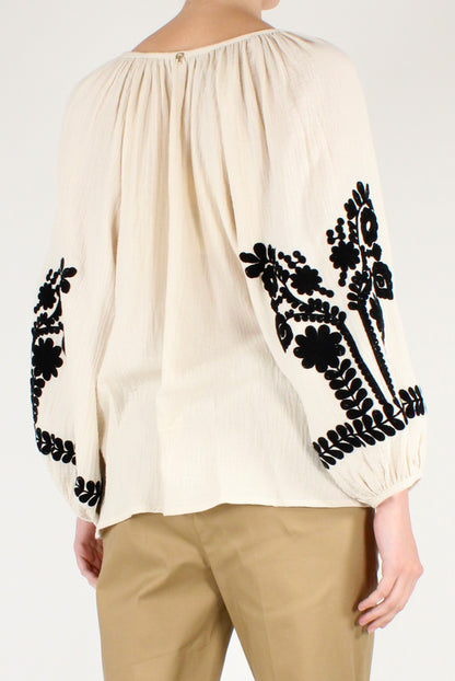 Blusa con Ricami Floreali a Contrasto