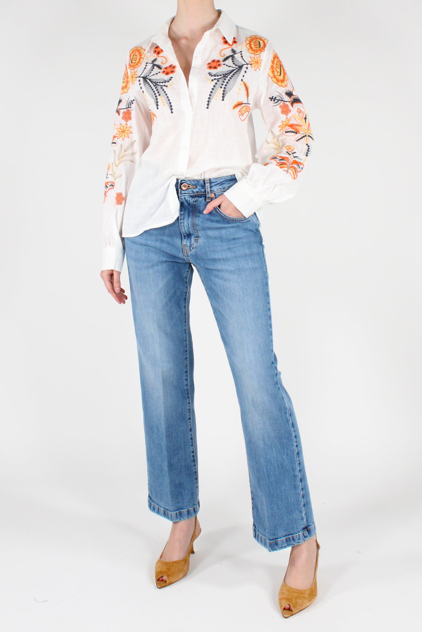 Camicia in Cotone Ricami Floreali