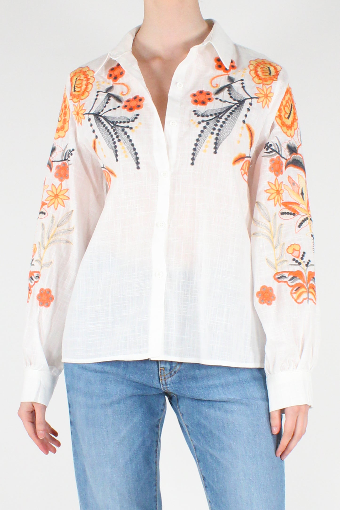 Camicia in Cotone Ricami Floreali