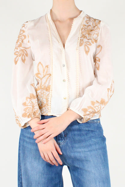 Camicia in Mussola Misto Seta Ricami a Contrasto