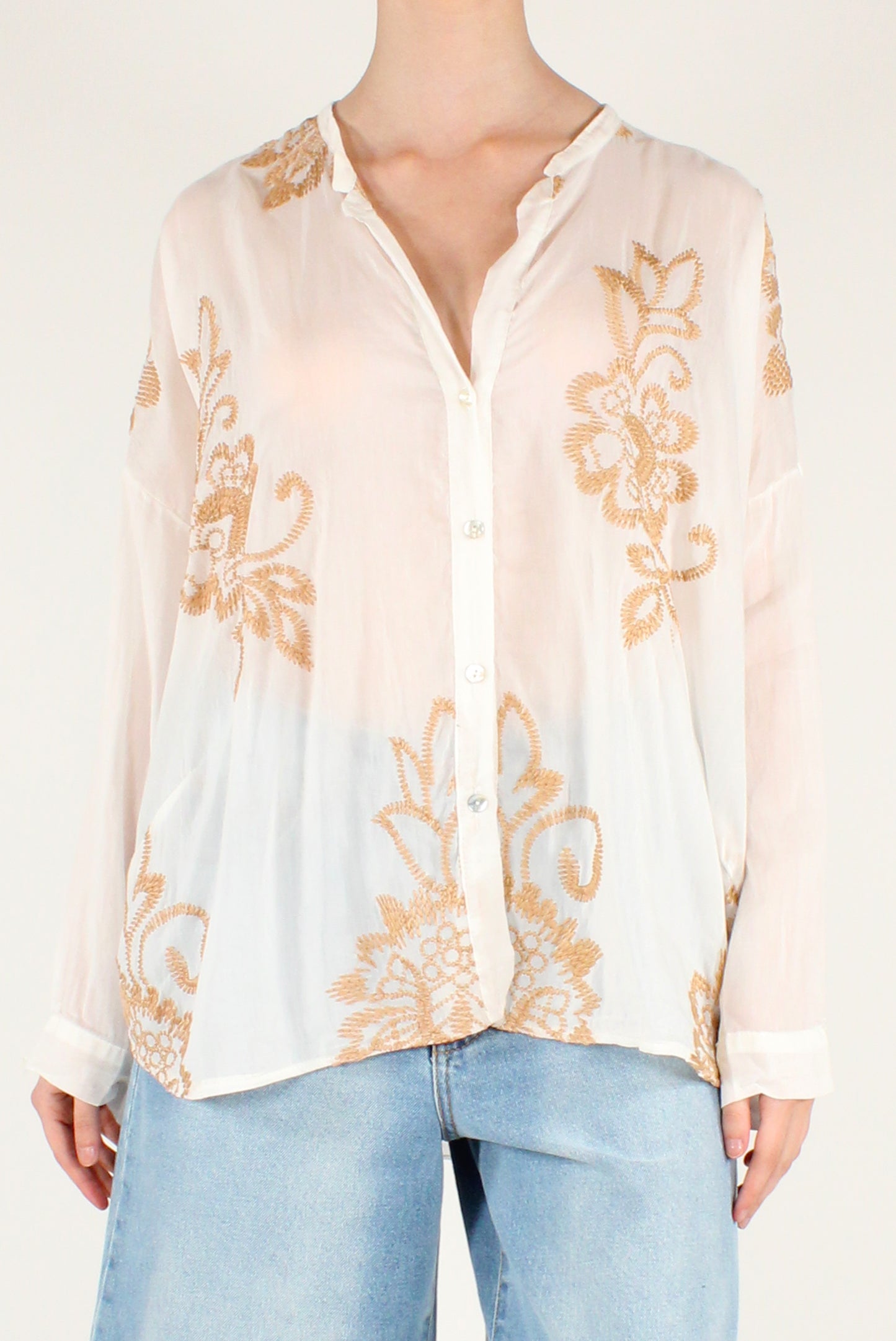 Camicia Over in Mussola con Ricami a Contrasto