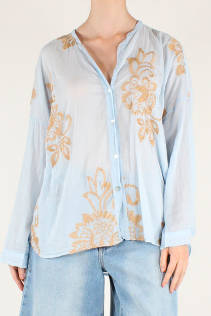 Camicia Over in Mussola con Ricami a Contrasto