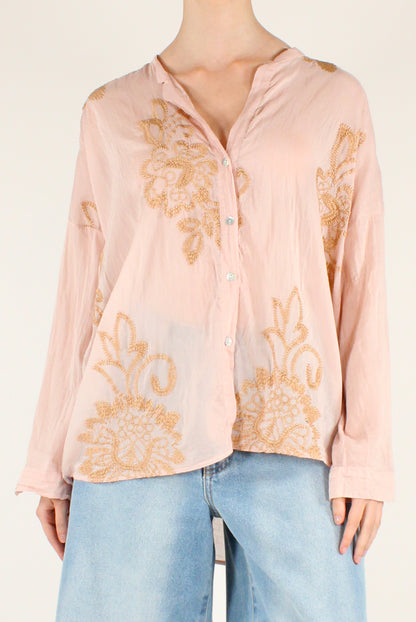 Camicia Over in Mussola con Ricami a Contrasto