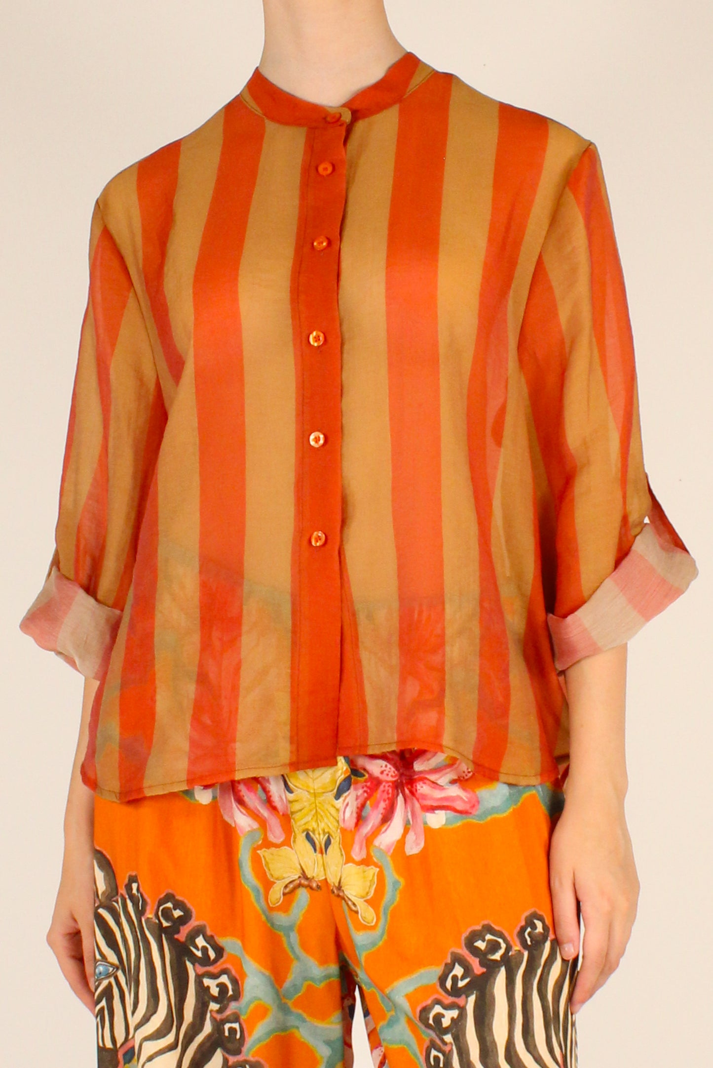 Camicia Stampa a Righe Arancio/Senape