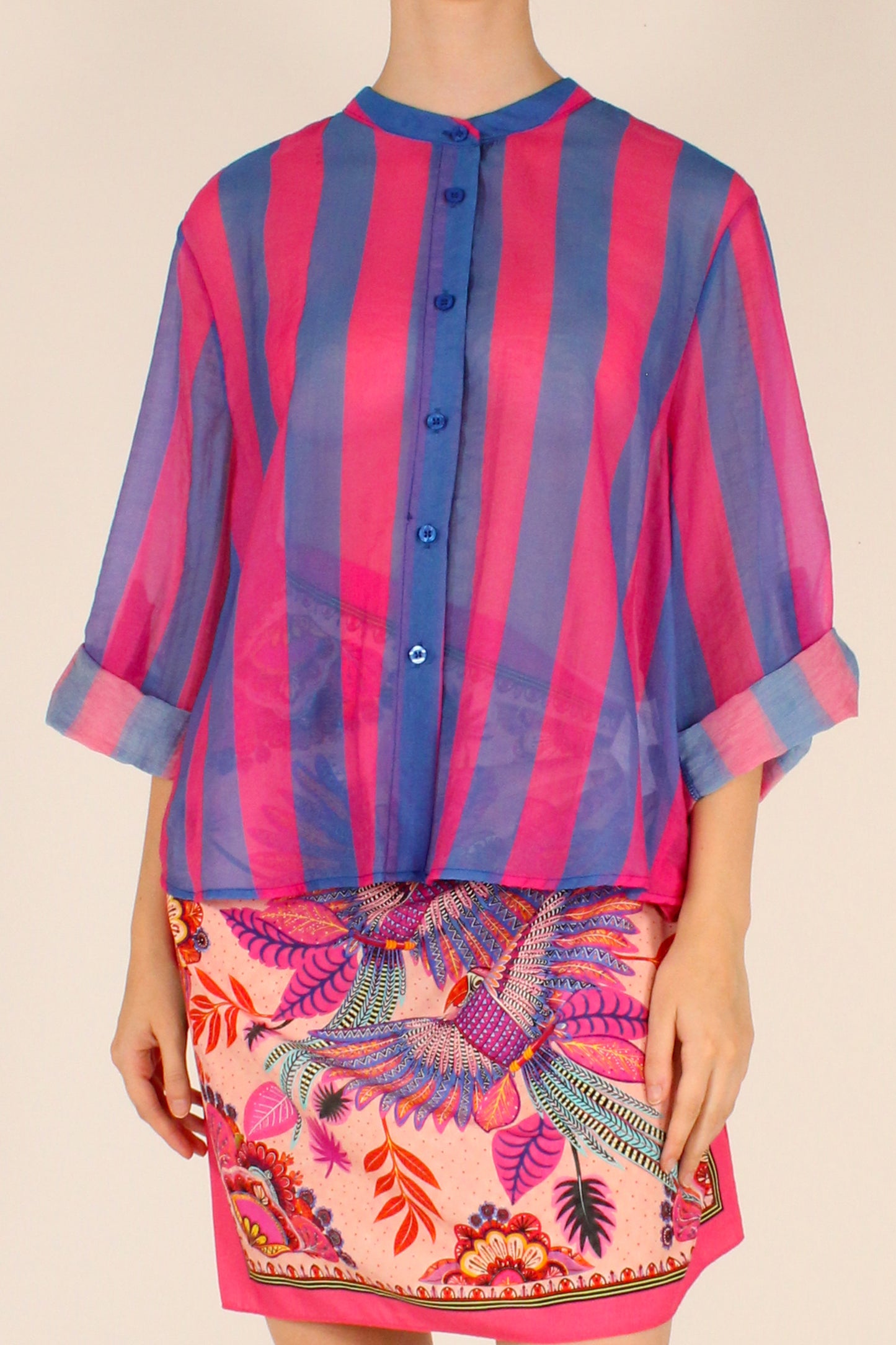 Camicia Stampa a Righe Azzurro/Fucsia