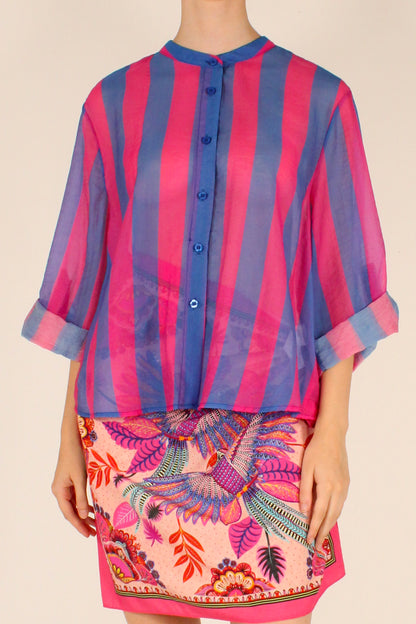 Camicia Stampa a Righe Azzurro/Fucsia