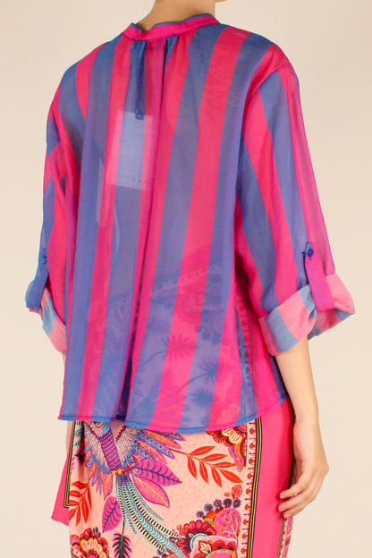 Camicia Stampa a Righe Azzurro/Fucsia