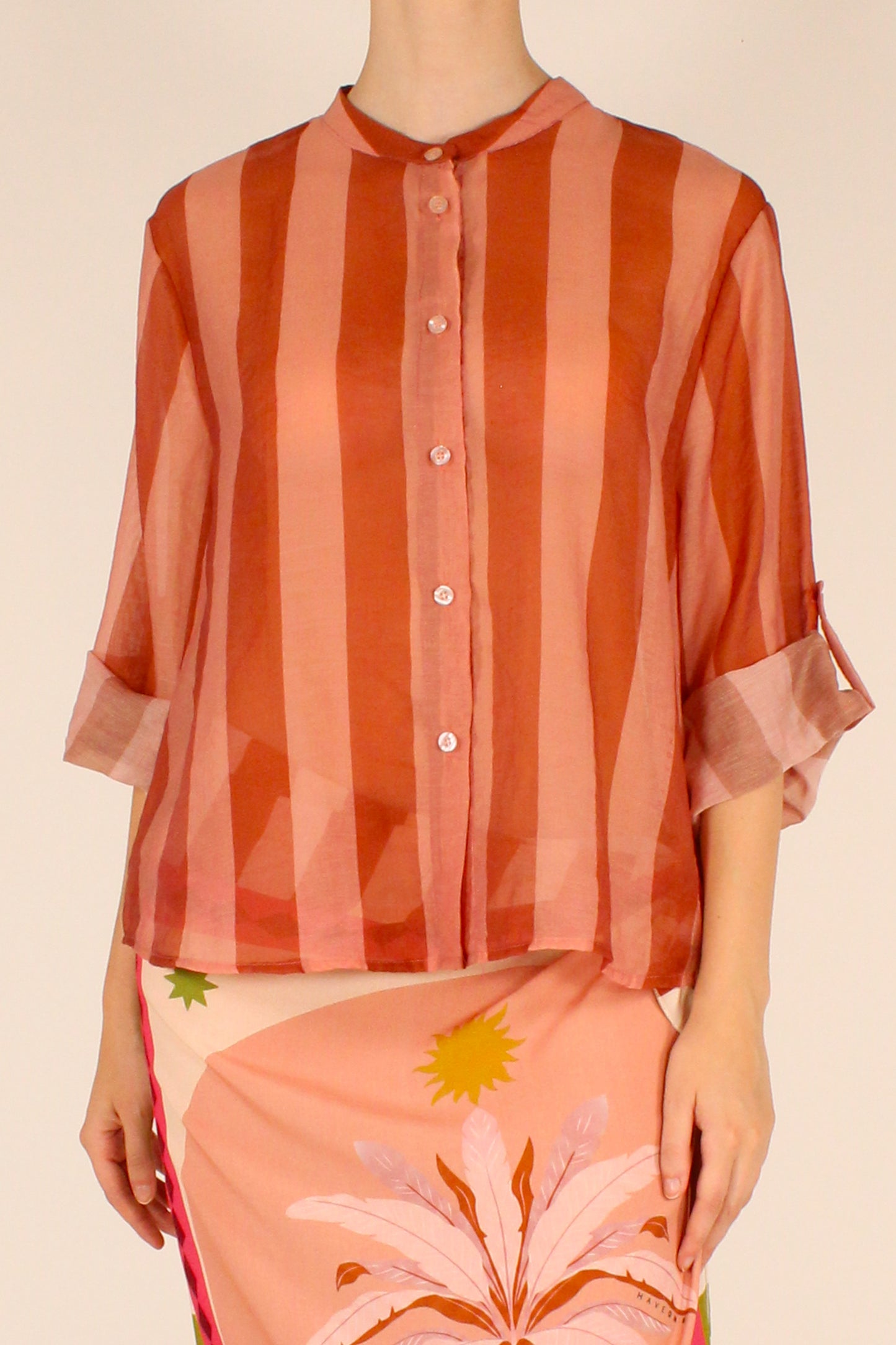 Camicia Stampa a Righe Rosa/Arancio