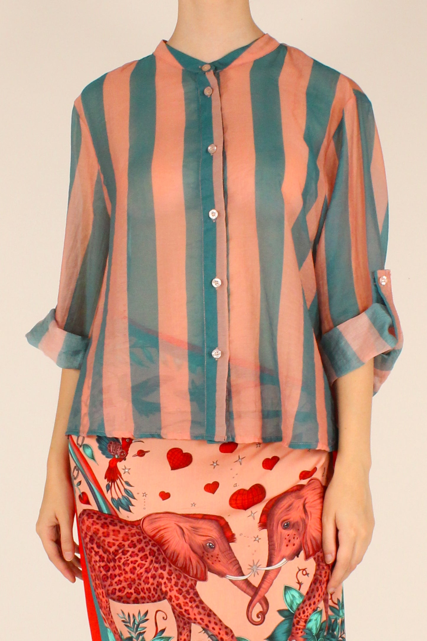 Camicia a Stampa a Righe Rosa/Ottanio