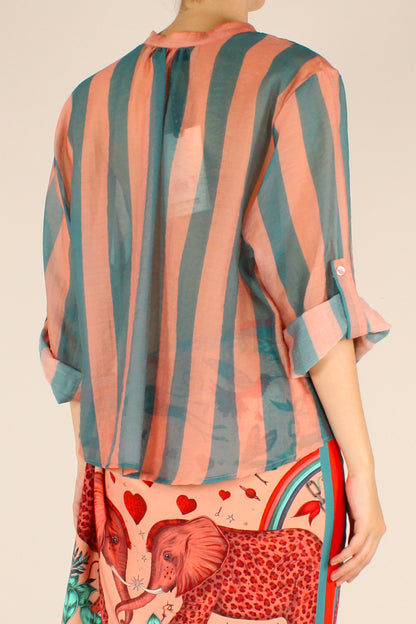 Camicia a Stampa a Righe Rosa/Ottanio