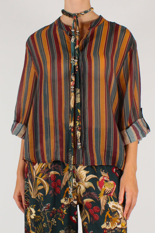 Camicia Coreana a Righe Multicolore Senape