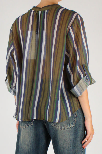Camicia Coreana Stampa a Righe Sfondo Verde