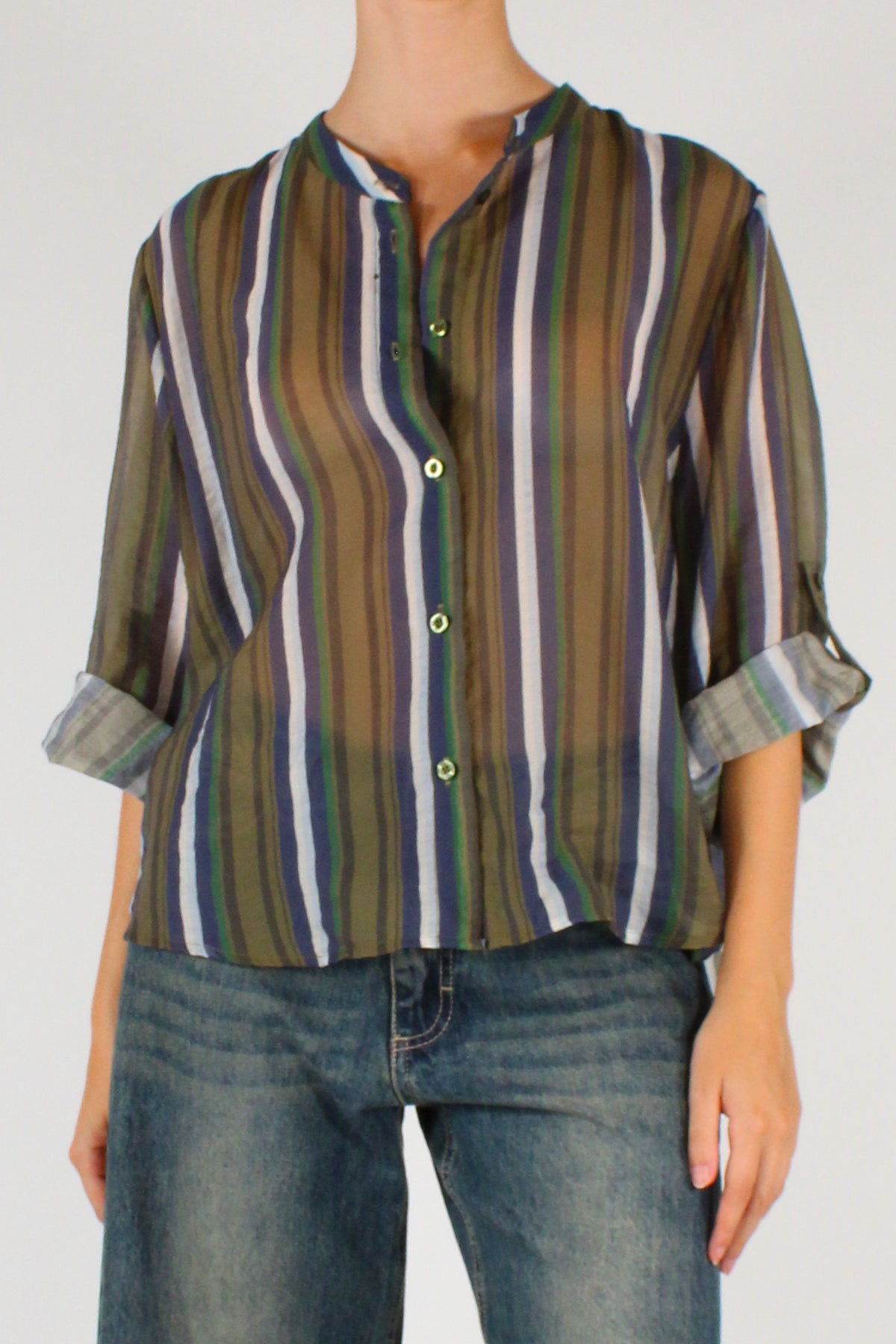 Camicia Coreana Stampa a Righe Sfondo Verde