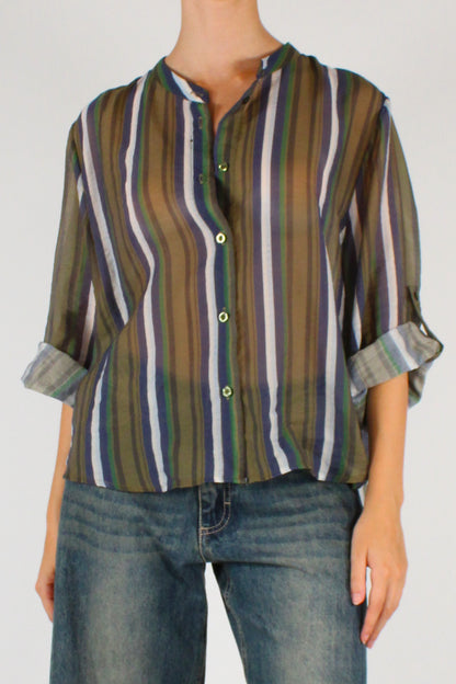 Camicia Coreana Stampa a Righe Sfondo Verde