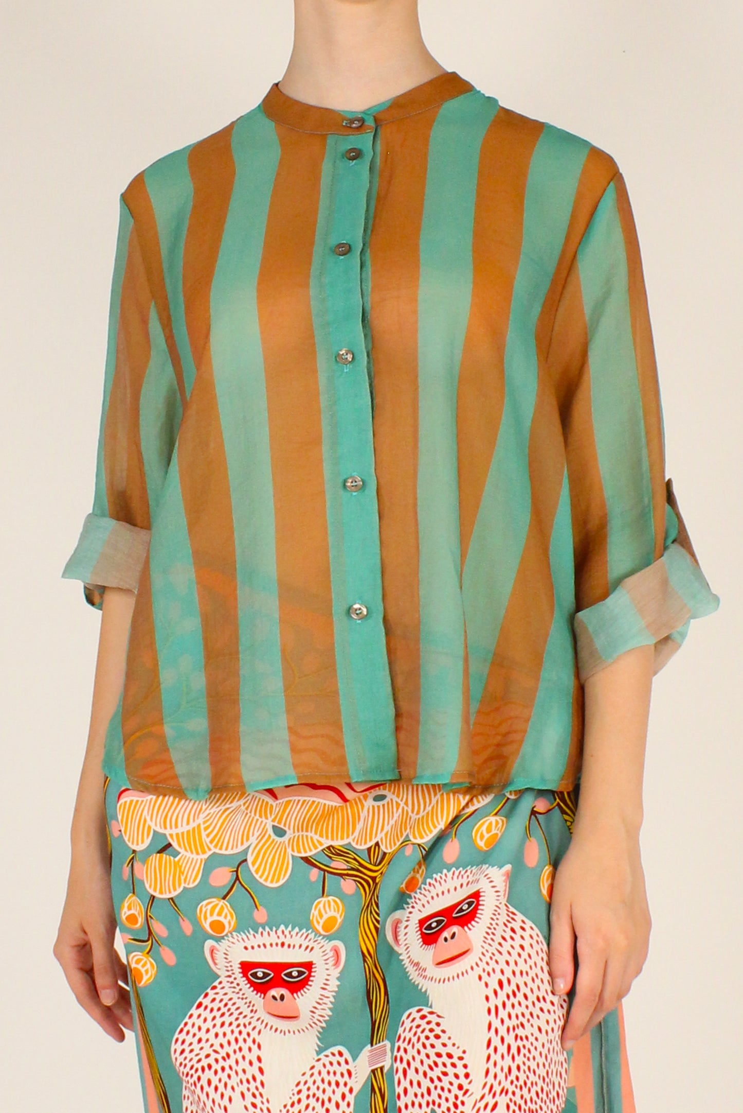 Camicia Stampa a Righe Senape/Verde Acqua