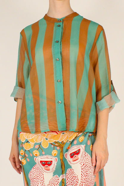 Camicia Stampa a Righe Senape/Verde Acqua