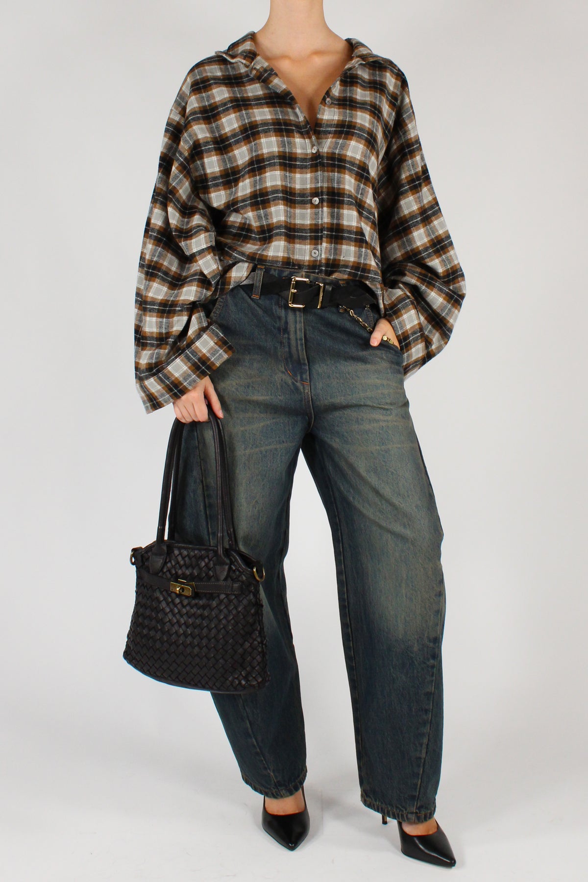 Camicia Flanella Stampa Tartan Collo Alto