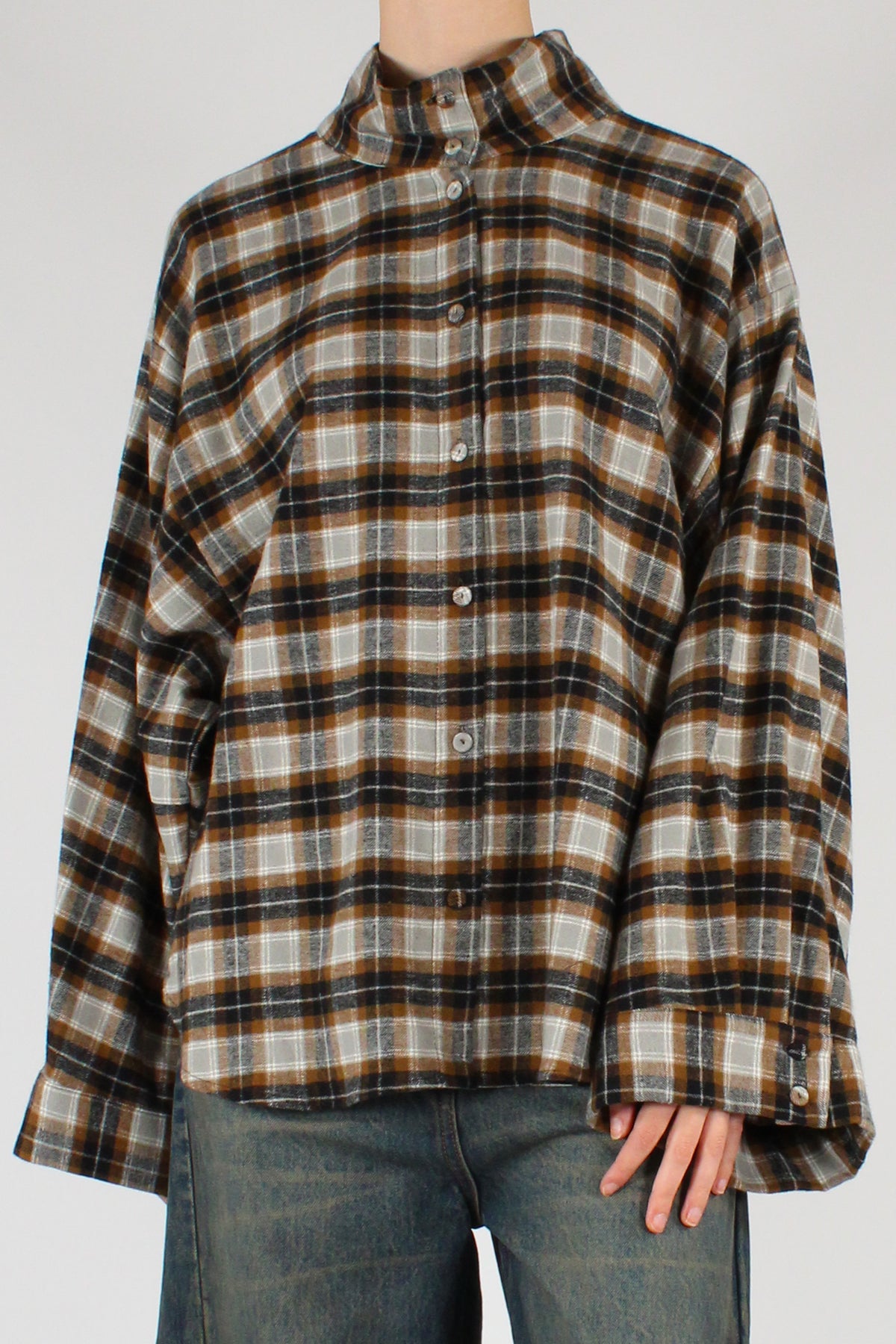 Camicia Flanella Stampa Tartan Collo Alto