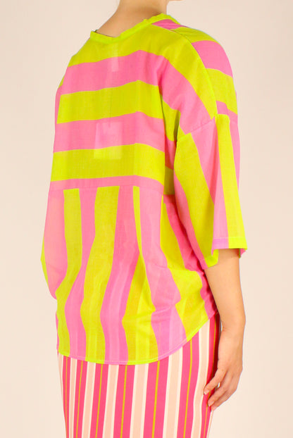 Camicia Over Righe Fucsia/Lime