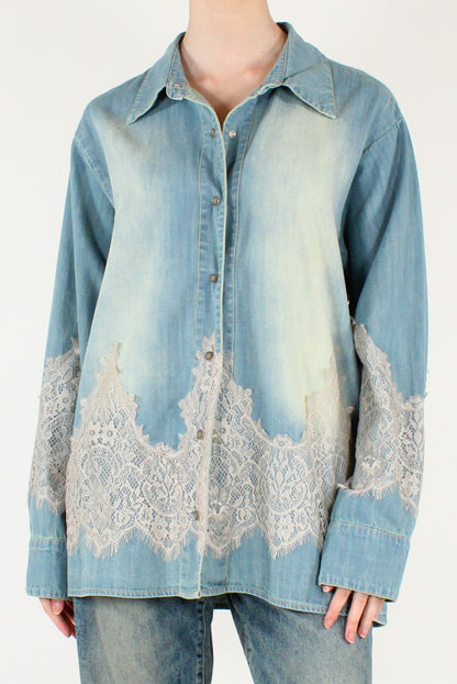 Oversized Denim Shirt with Lace