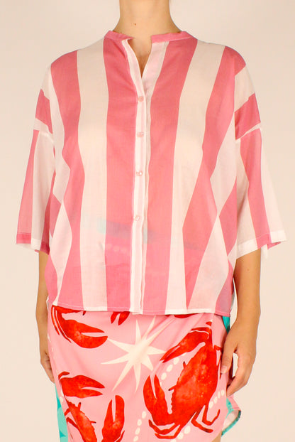 Camicia Over Righe Panna/Rosa