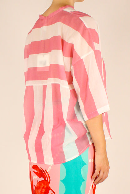 Camicia Over Righe Panna/Rosa
