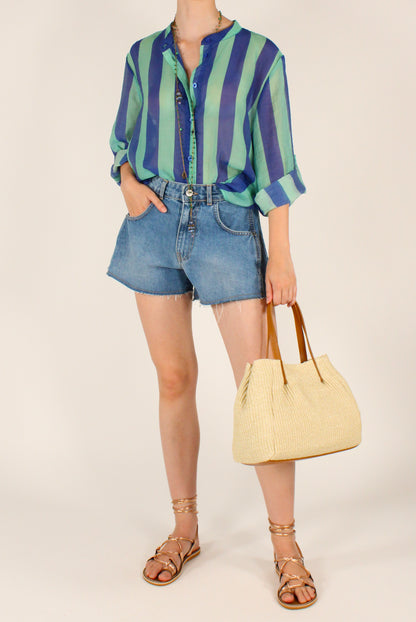 Camicia Stampa a Righe Blu/Verde Acqua