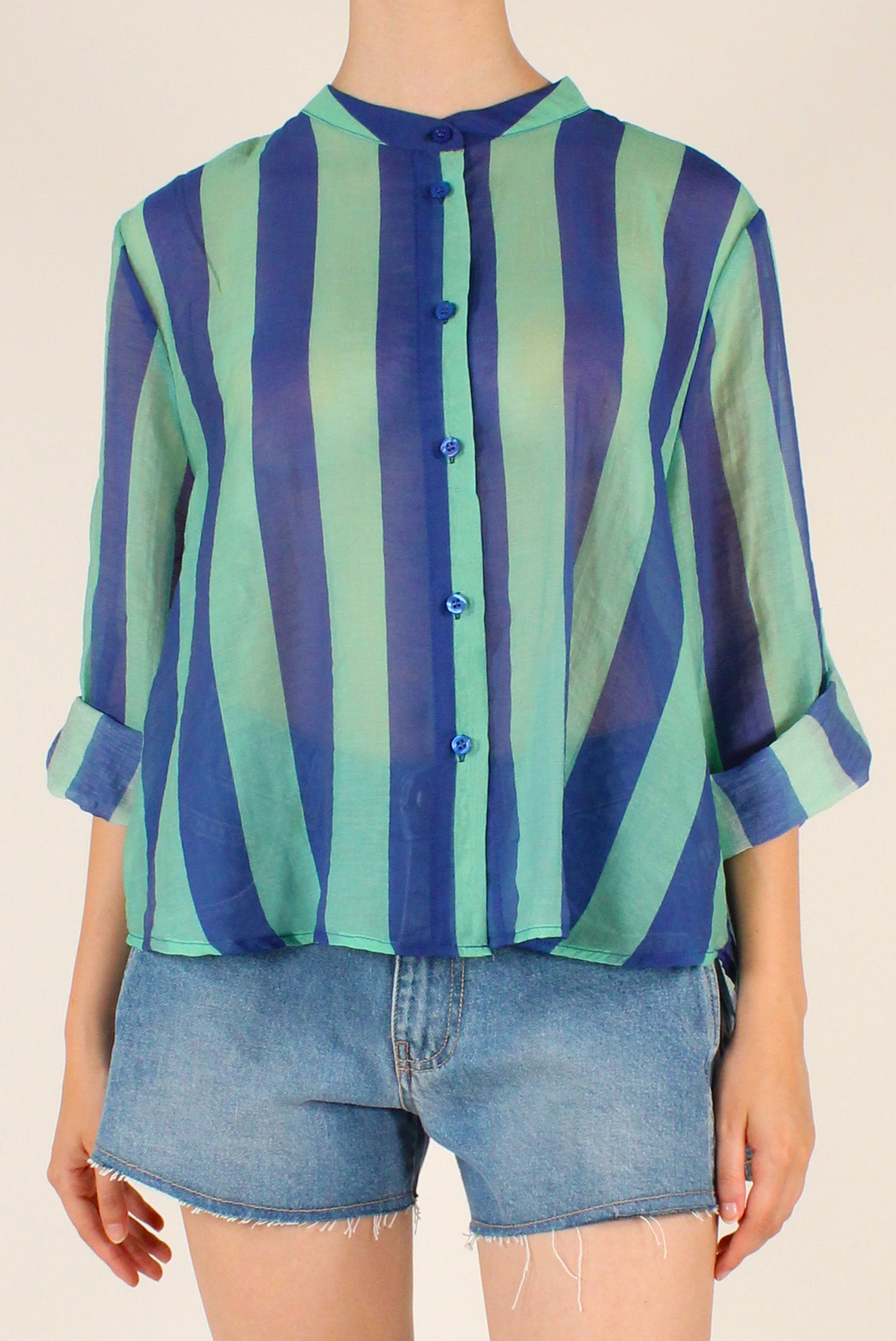 Camicia Stampa a Righe Blu/Verde Acqua