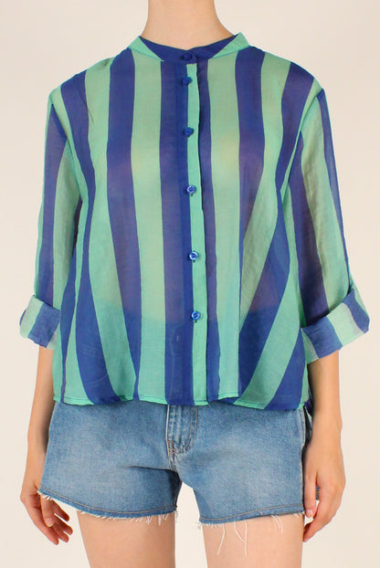 Camicia Stampa a Righe Blu/Verde Acqua