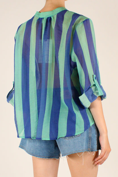 Camicia Stampa a Righe Blu/Verde Acqua
