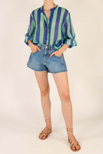 Camicia Stampa a Righe Blu/Verde Acqua