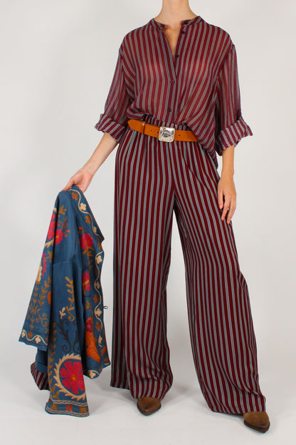 Camicia Coreana a Righe Sfondo Bordeaux