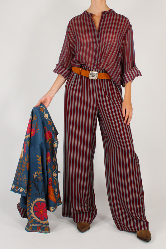 Camicia Coreana a Righe Sfondo Bordeaux