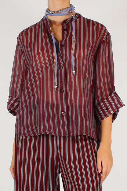 Camicia Coreana a Righe Sfondo Bordeaux