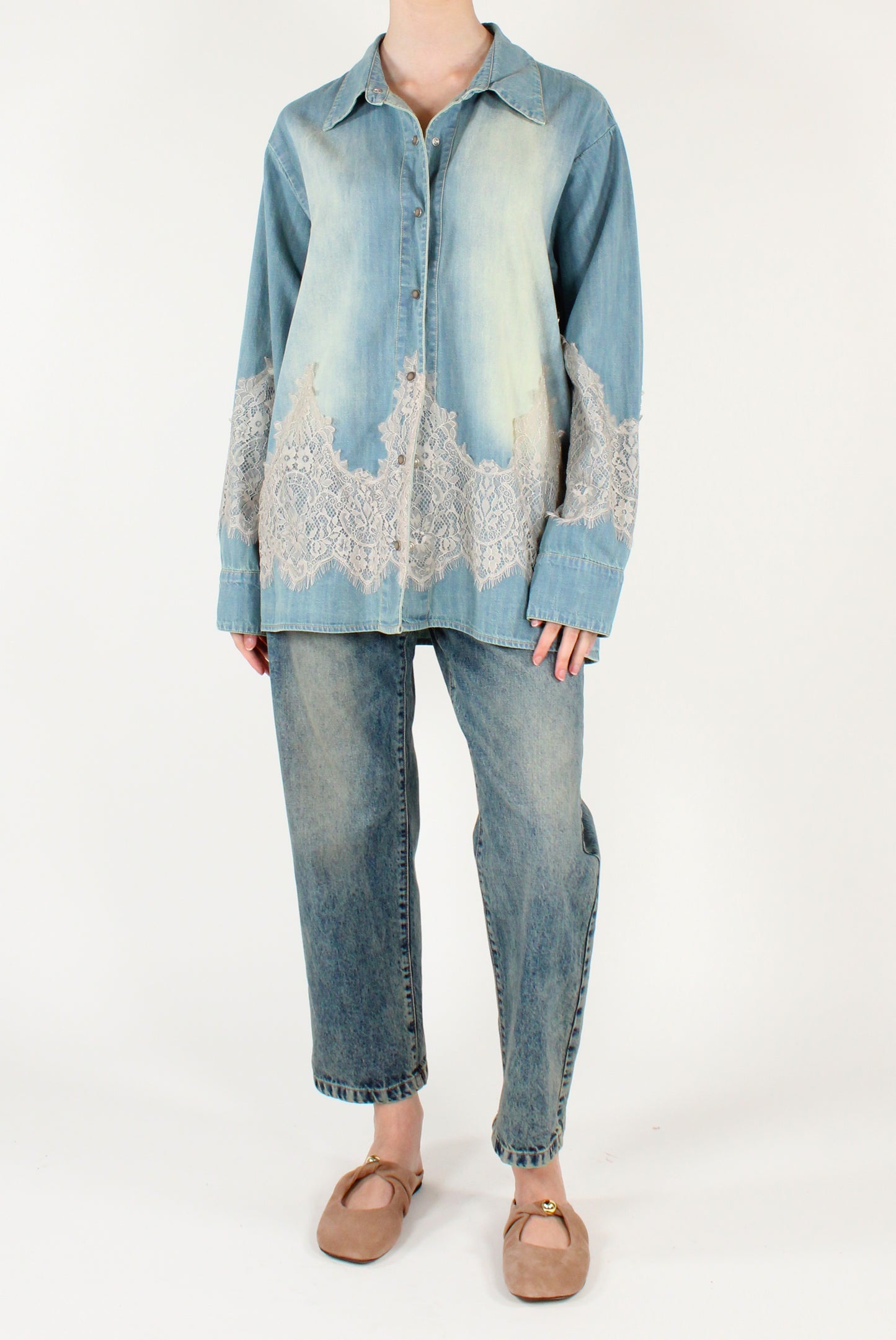 Oversized Denim Shirt with Lace