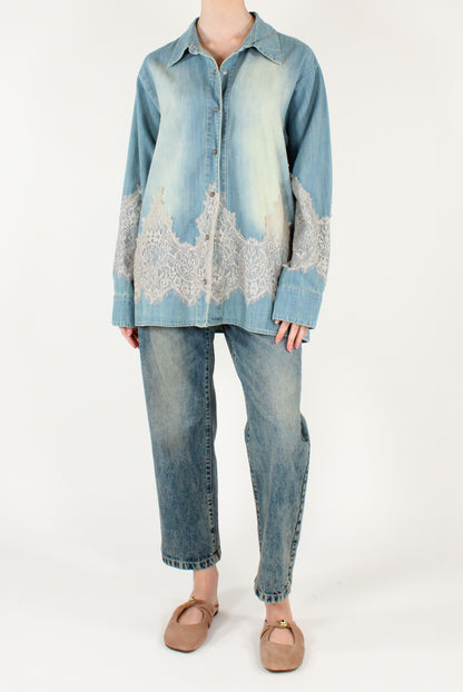 Oversized Denim Shirt with Lace