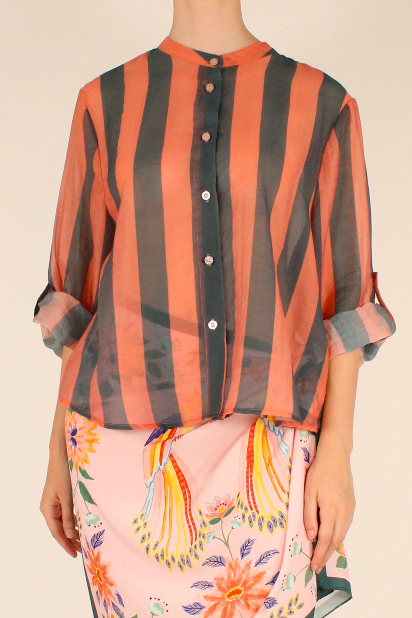 Camicia Stampa a Righe Rosa/Verde Scuro