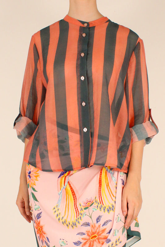 Camicia Stampa a Righe Rosa/Verde Scuro