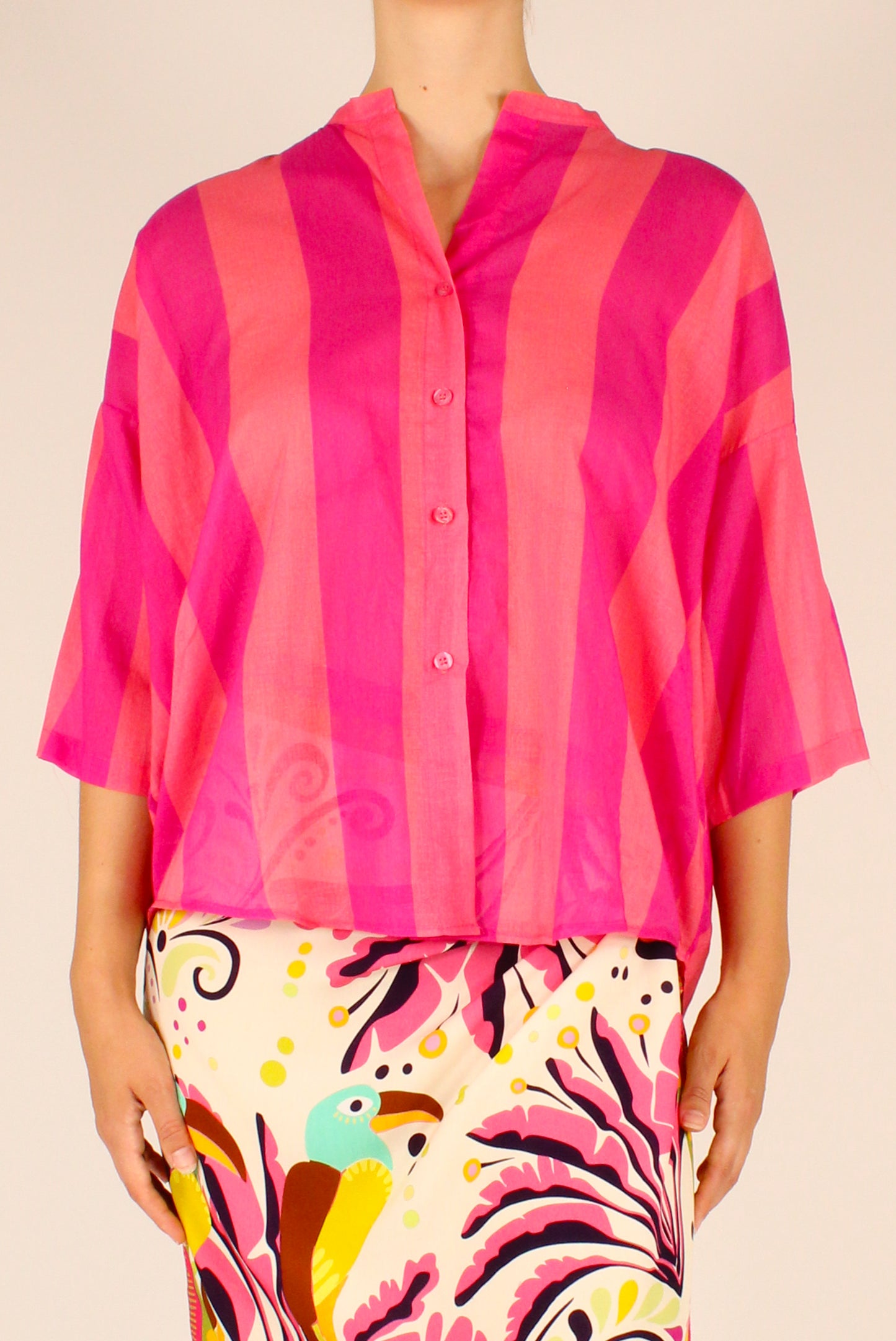 Camicia Over Stampa a Righe Fucsia