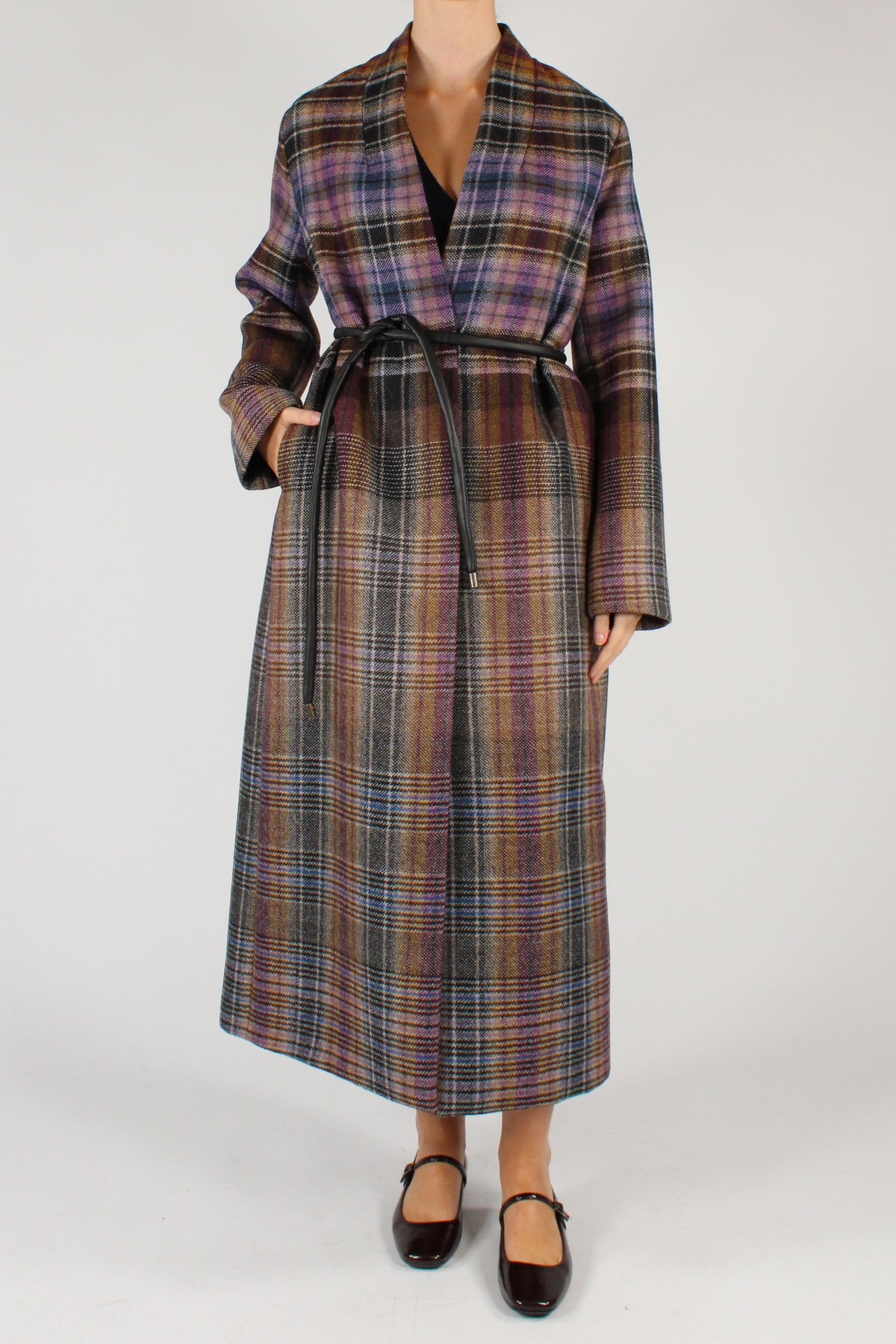 Cappotto Lungo Stampa Tartan con Cintura