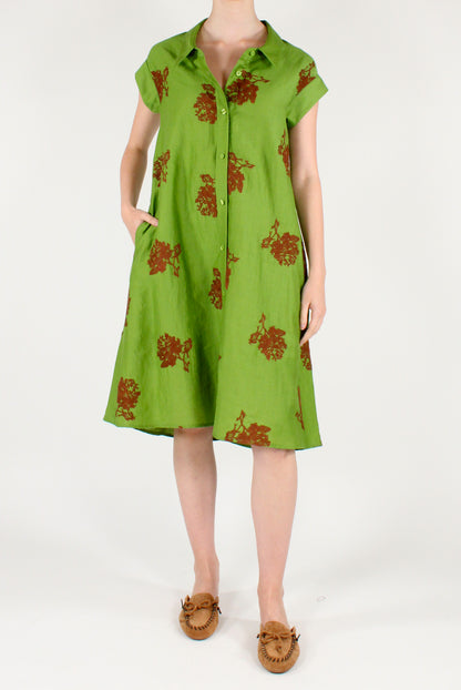 Linen Blend Chemisier Dress with Floral Embroidery