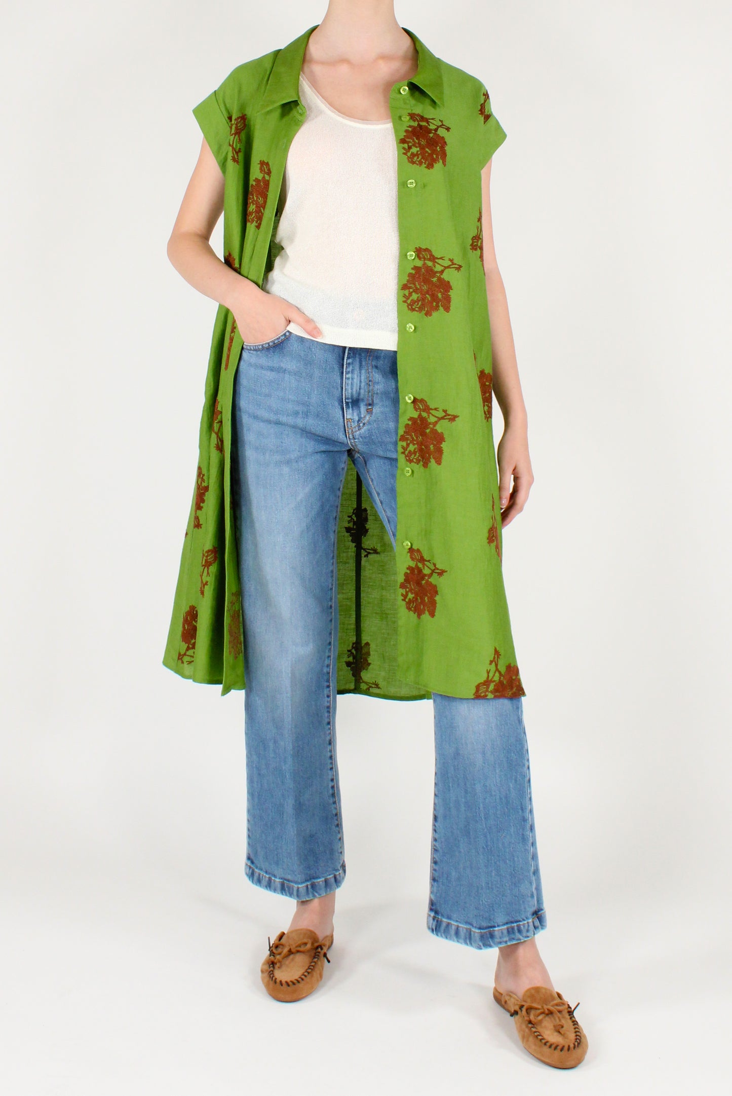 Linen Blend Chemisier Dress with Floral Embroidery