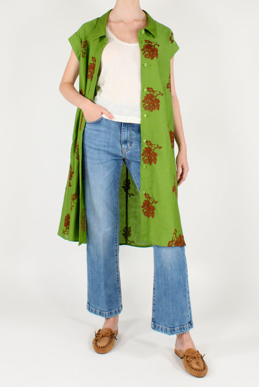 Linen Blend Chemisier Dress with Floral Embroidery